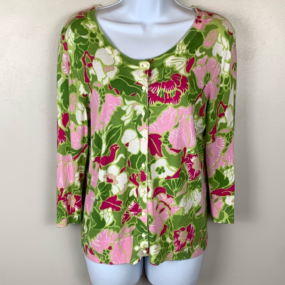 TALBOTS Cardigan Sweater Women's Sz M Petite Floral‎ Button Colorful 3/4 Sleeve